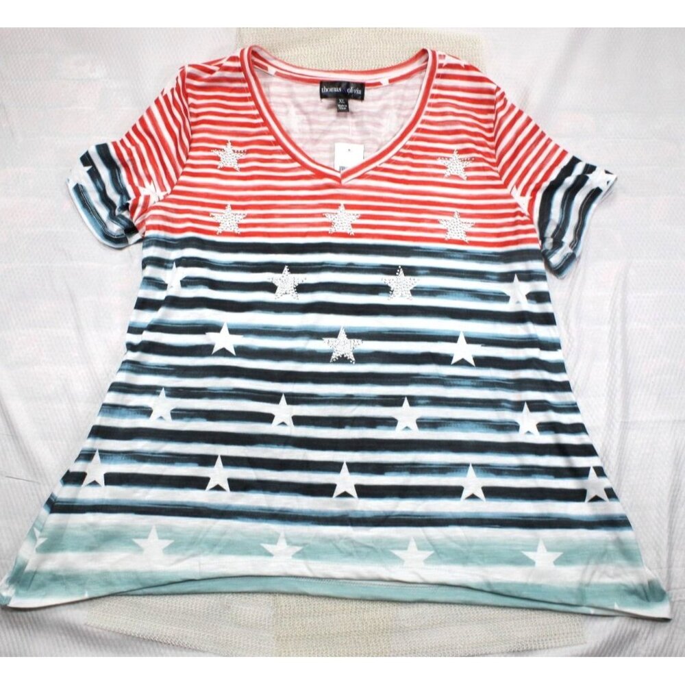 NWT Thomas & Olivia Womens V-Neck Striped Star Studded Short Sleeve T-Shirt XL